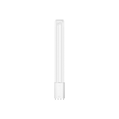 Längliche weiße Kompaktleuchtstofflampe mit U-förmigen Röhren vor weißem Hintergrund.