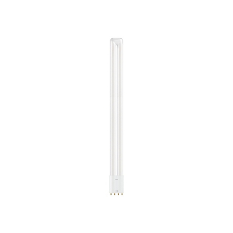 Eine längliche, weiße Kompaktleuchtstofflampe mit U-förmiger Röhre und einem Sockel mit vier Metallstiften.