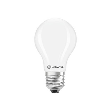 Weiße, matte LED-Lampe in klassischer Glühbirnenform mit silbernem Schraubsockel und LEDVANCE-Logo.
