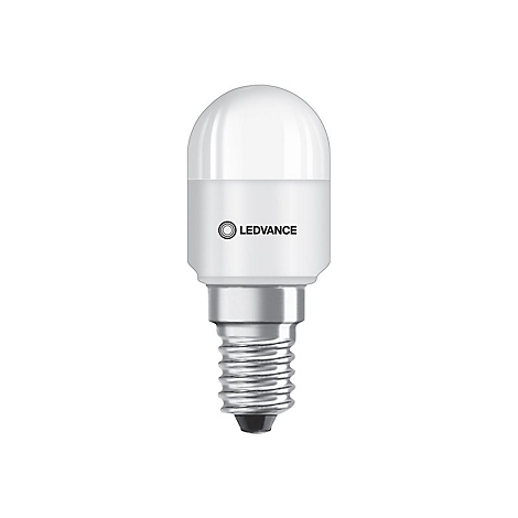 Weiße LED-Lampe in Röhrenform mit LEDVANCE Logo auf einem silbernen E14-Gewindesockel.