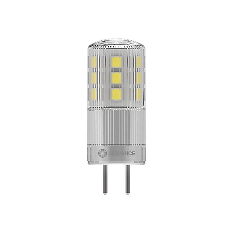 Kleine zylindrische LED-Stiftsockellampe mit klarem Gehäuse und sichtbaren gelben LED-Chips.