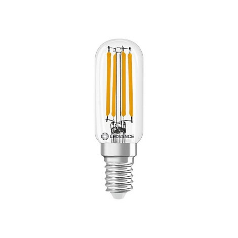 Klar gläserne LED-Lampe mit sichtbaren, gelben Filament-Fäden und silbernem E14-Gewinde von Ledvance.