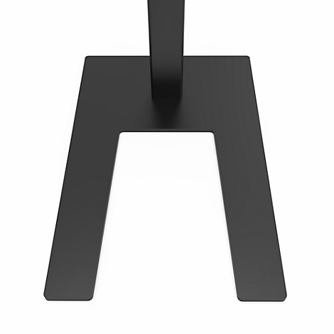 Zwarte metalen voet voor een presentatiestandaard. De voet heeft een brede, rechthoekige basis met een uitsparing.