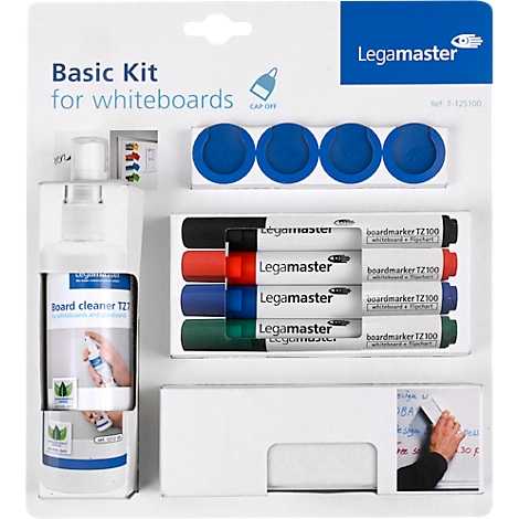 Whiteboard basic kit: cleaner, magnets, markers and sponge.