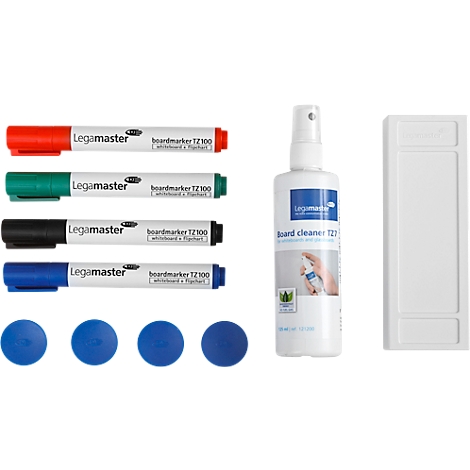 Set of board markers, cleaner, magnets and eraser. Colors: red, green, black, blue.