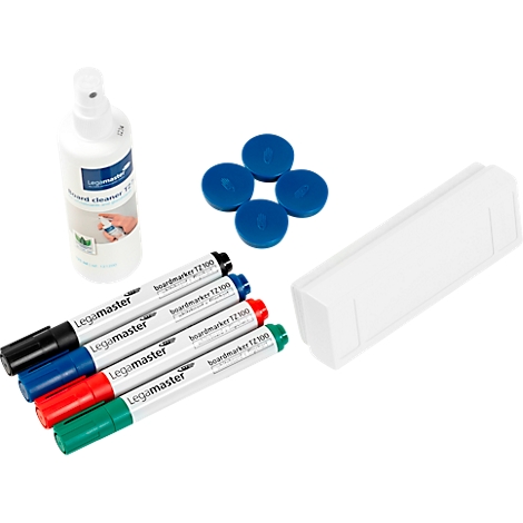 Whiteboard set: markers, eraser, magnets, and cleaner.