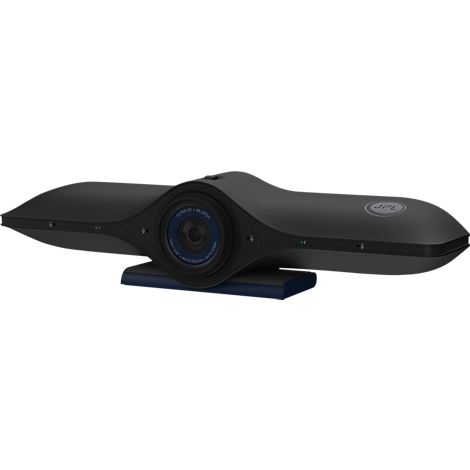Zwarte videoconferentiecamera met blauwe lens en standaard.