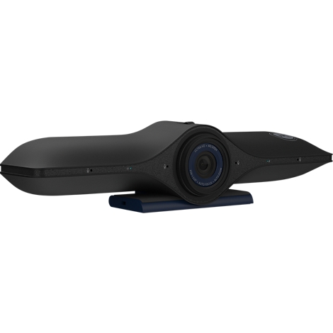 Zwarte videoconferentiewebcam met blauwe lens en standaard. De camera is gecentreerd op een witte ondergrond.