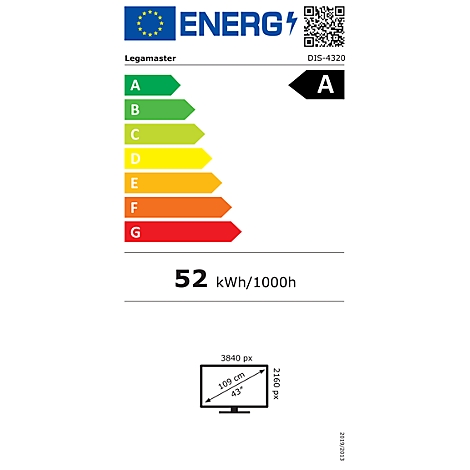 Energielabel van een tv. Energie-efficiëntie A, 52 kWh/1000h, 43 inch.