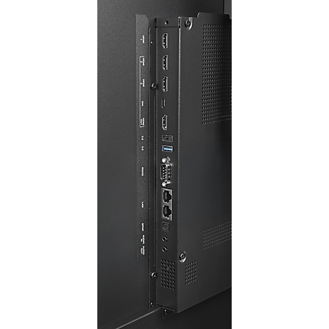 Nahaufnahme der Rückseite eines schwarzen Bildschirms mit einer Reihe von Anschlüssen, darunter HDMI, USB und Ethernet.