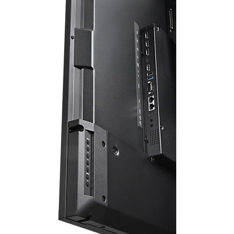 Gros plan de l'arrière d'un écran noir avec ports, support de montage et boutons.