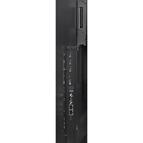 Gros plan de l'arrière d'un écran noir avec des connecteurs, notamment HDMI, USB, RJ45.