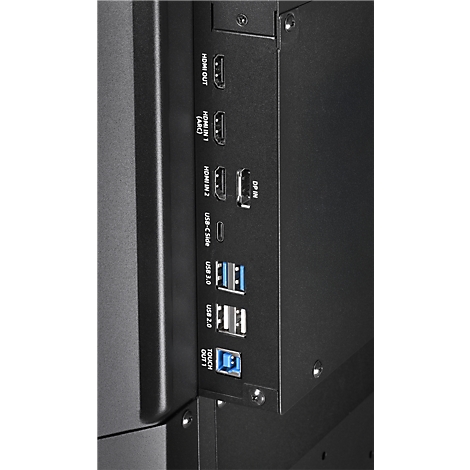 Gros plan sur le panneau de connexion d'un moniteur. Étiqueté avec HDMI, USB et autres ports.