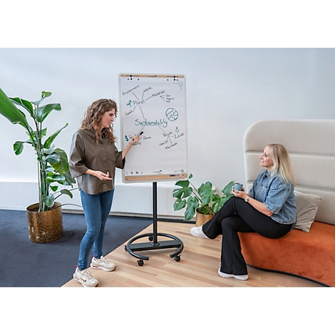 Une femme explique des diagrammes sur un tableau de conférence, l'autre écoute. Plantes et canapé au bureau.