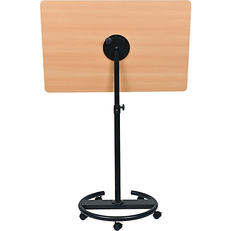 Une table haute réglable en hauteur avec un plateau en bois et un cadre noir sur roulettes.