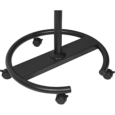 Gros plan d'un support noir avec des roues. Un anneau métallique, relié à une base rectangulaire, supporte une colonne verticale. Quatre roues sur l'anneau assurent la mobilité.
