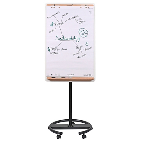 Chevalet blanc avec des notes sur le développement durable. Sur un pied noir à roulettes.