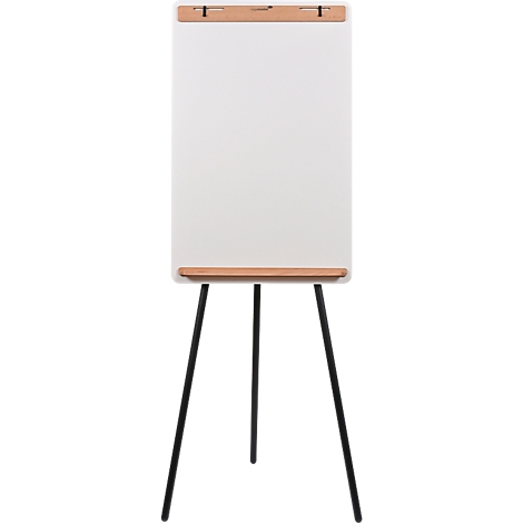 Tableau blanc avec détails en bois sur pieds noirs.