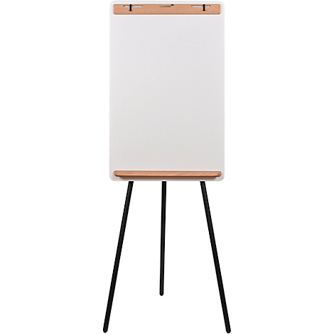 Weißes Flipchart auf schwarzem Dreibein-Ständer. Obere und untere Leiste in Holzoptik.