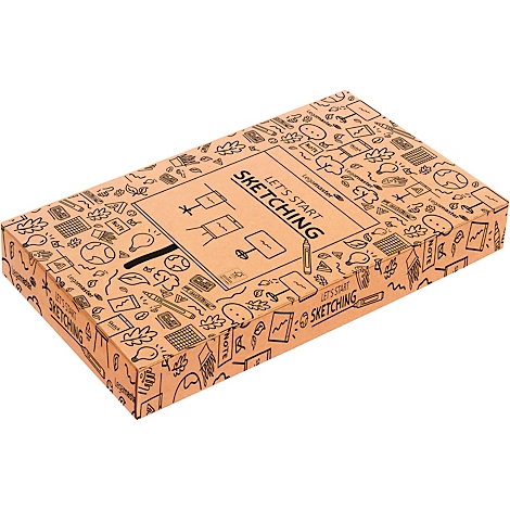 Braune Kartonbox mit Doodle-Illustrationen und dem Text "Let's Start Sketching".