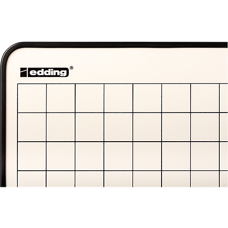 Ausschnitt eines weißen Whiteboards mit schwarzem Karomuster und Edding-Logo in der Ecke.