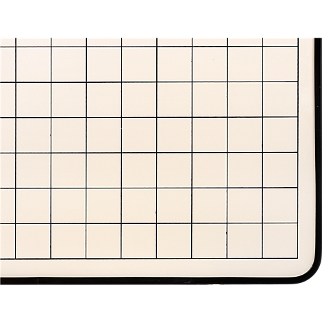 Nahaufnahme einer karierten Seite eines Notizbuchs mit dünnen schwarzen Linien auf hellem Papier.