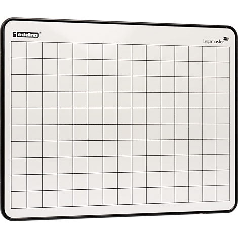 Weißes Whiteboard mit schwarzem Rahmen und aufgedrucktem Karomuster sowie Edding- und Legamaster-Logos.