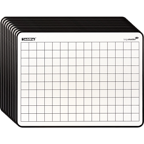 Stapel weißer Whiteboards mit schwarzem Rahmen und aufgedrucktem Raster.