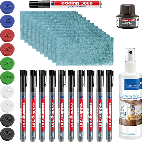 Ein Set mit zehn Edding-Boardmarkern, Reinigungsflüssigkeit, Mikrofasertüchern, Ersatzspitzen und einem Permanentmarker.