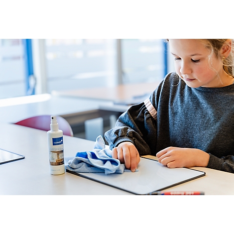 Ein Mädchen wischt konzentriert mit einem blauen Tuch ein kleines Whiteboard sauber, neben einer Reinigersprühflasche.
