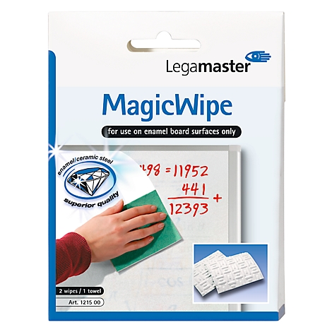 A hand wipes a green sponge on a whiteboard with math problems. Packaging reads "MagicWipe".