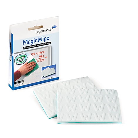 A pack of MagicWipe cleaning cloths next to two white cloths with a green border. The package shows a blackboard with arithmetic examples.