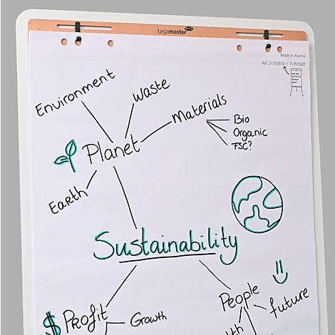 Ein Flipchart mit einer handschriftlichen Mindmap zum Thema Nachhaltigkeit, mit Begriffen wie Umwelt, Planet, Abfall und Materialien.