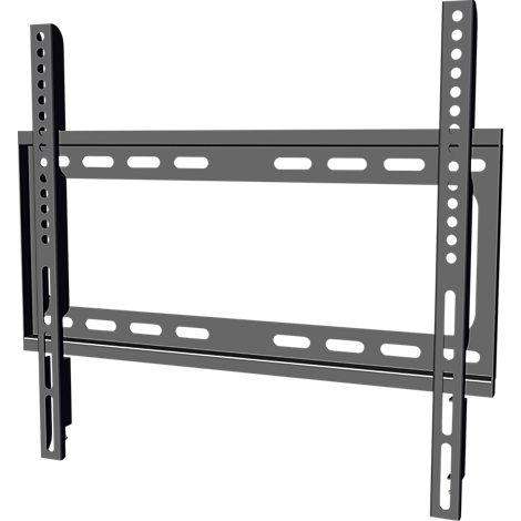 Grijze tv-muurbeugel, bestaande uit twee verticale rails met gaten en een horizontale rail met sleuven.