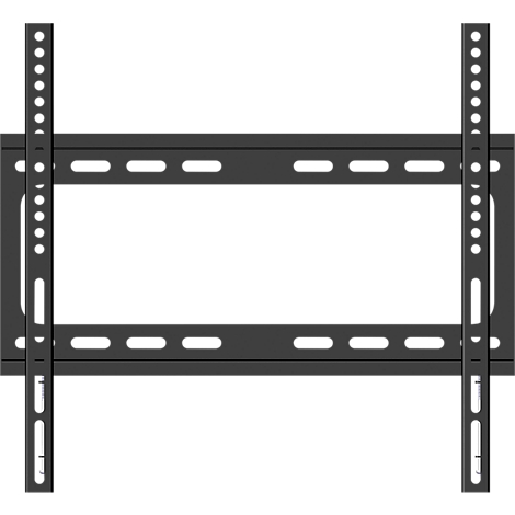 Zwarte tv-muurbeugel, bestaande uit een rechthoekig frame met twee verticale rails met gaten.