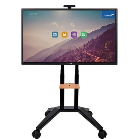 Groot scherm op een rolkar. Het scherm toont een landschap en app-iconen. Webcam bovenaan.