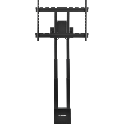 Zwarte, in hoogte verstelbare tv-beugel. 'Logimaster' staat onderaan.