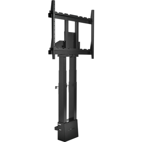 Zwarte tv-beugel met in hoogte verstelbare kolom, tegen een witte achtergrond. Een frame aan de bovenkant voor het bevestigen van de tv.