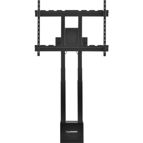 Zwarte, in hoogte verstelbare tv-standaard, logo-opschrift.