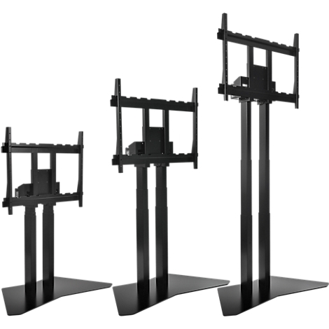 Drei schwarze TV-Ständer in verschiedenen Höhen, auf weißem Hintergrund.