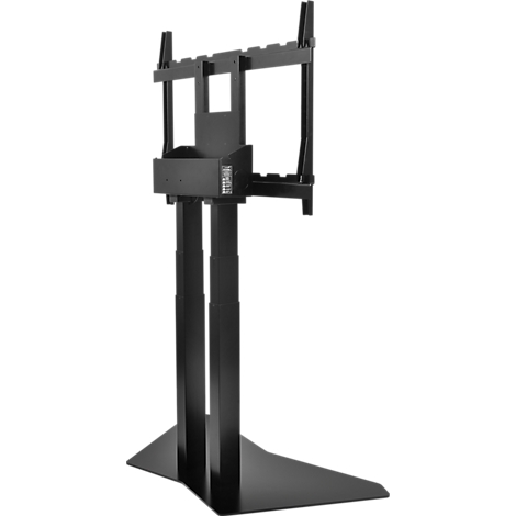 Schwarzer TV-Ständer, aus Metall, mit verstellbarer Höhe und breitem Standfuß.