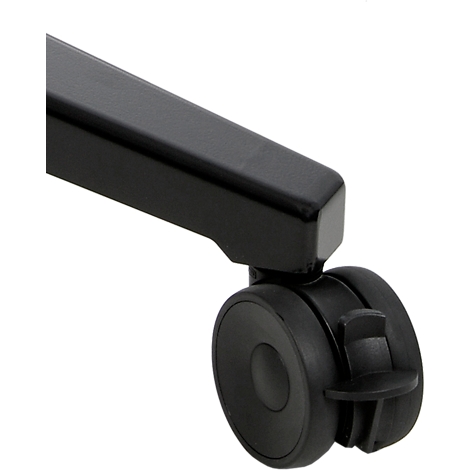 Detailaufnahme eines schwarzen Rollenfußes mit Rad und Halterung.