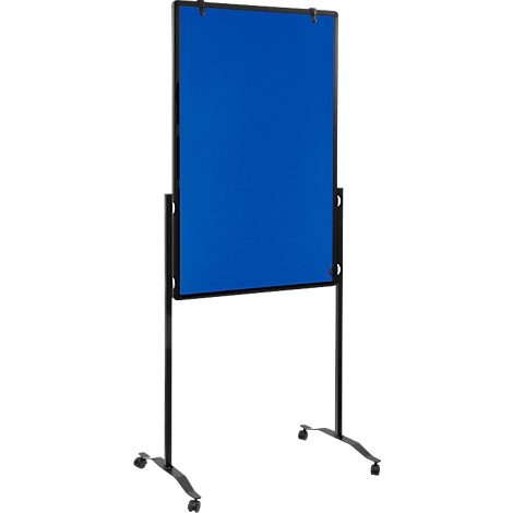 A mobile, blue whiteboard on wheels, in a dark metal frame.