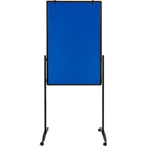 Blue flipchart on wheels; black frame and legs.
