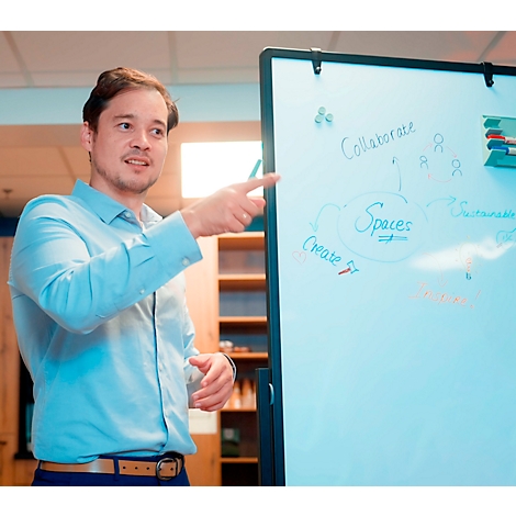 A man in a blue shirt stands in front of a whiteboard, pointing at it. On the board are the words "Collaborate", "Spaces", "Create".