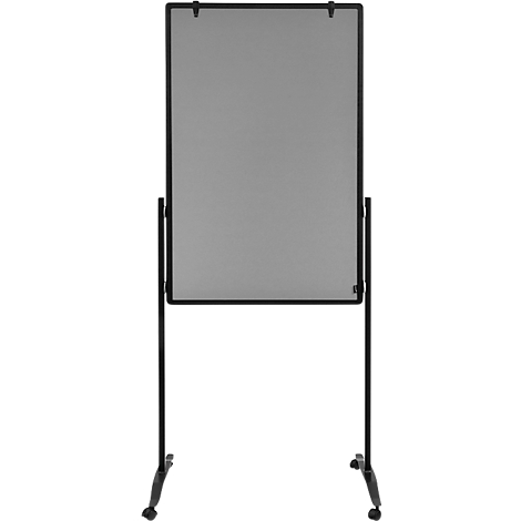 Grey notice board on wheels, black frame. Two clamps on top, brackets below.