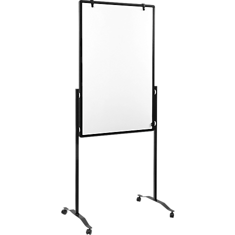 Whiteboard on wheels. Black frame to which the whiteboard is attached. Four castors at the foot.