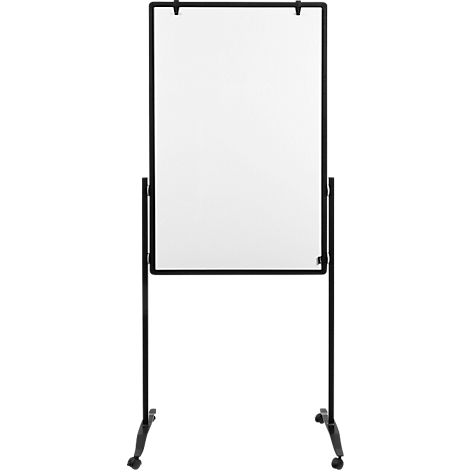 White whiteboard with black frame and stand with castors on a white background.