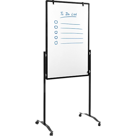 Whiteboard with black frame on wheels, on which is written 'To Do List'.