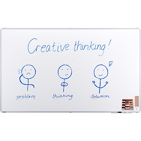 Een whiteboard illustreert het creatieve denkproces met stokfiguren: probleem, denken en oplossing.